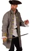 Mann im grauen Barock Piratenmantel Long John Silver mit Stehkragen, goldfarbenen Zierborten und Degen in dynamischer Pose. Produktbild-Vorschau
