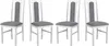 Four white dining chairs with gray upholstered seats and backrests are arranged in a row against a white background.