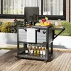 An outdoor patio setting with a cooler cart filled with drinks and fruit. Podgląd zdjęcia produktu