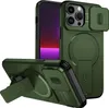 A dark green phone case with a kickstand and camera cover is shown from multiple angles against a white background. Náhled obrázku produktu