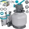 A pool sand filter pump system and its accessories are displayed against a white background. Produktbild-Vorschau