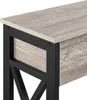 Close-up of a modern console table with a gray wood-grain top and black metal frame. Produktbild-Vorschau