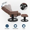 A brown recliner chair and ottoman are shown with diagrams and text indicating features and usage. Voir les images du produit