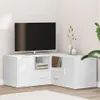 A white corner TV stand with a television on top, placed in a room with a plant and decorative items. Anteprima dell’immagine prodotto