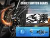 Close-up of a bicycle's rear gears and chain, with inset images of the gear shifter and a diagram illustrating the gear system. The background shows a blurred road scene. Produktbild-Vorschau