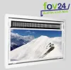 A white window frame with a view of snow-covered mountains through it, with a black ventilation grille at the top. Produktbild-Vorschau