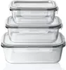 A stack of three clear glass food storage containers with gray lids, presented against a white background. Voir les images du produit