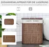 A laundry basket with a lid, placed in a bathroom setting with tiled walls. Produktbild-Vorschau