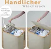 A split image showing a person placing a laundry bag into a laundry basket and another image showing the laundry basket with a lid. Produktbild-Vorschau