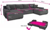 A diagram showing the dimensions of a U-shaped sofa, with a smaller inset diagram showing the sofa converted into a bed. Produktbild-Vorschau