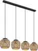 A linear pendant light fixture with four woven basket-like shades hanging from a black bar. Produktbild-Vorschau