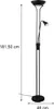 A black floor lamp with an adjustable reading light, shown with dimensions indicated by text and lines. Produktbild-Vorschau