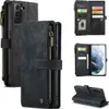 Collage of images showing a black leather wallet-style phone case for a Samsung Galaxy S21+ 5G. Produktbild-Vorschau