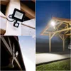Collage of images showing LED floodlights mounted on wooden structures, one at night illuminating a driveway. Produktbild-Vorschau