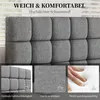 A collage of images showcasing a bed frame, fabric texture, and a hand pressing into foam. Produktbild-Vorschau