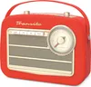 A red retro-style radio with gold accents and a carrying handle, shown from a three-quarter angle against a white background. Produktbild-Vorschau