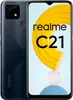 A Realme C21 smartphone is shown against a light background with a yellow swirl graphic. Produktbild-Vorschau