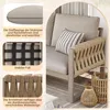 Close-up shots of a beige outdoor sofa, highlighting its features like removable cushion covers, stable feet, and woven armrests. Voir les images du produit