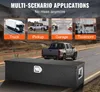 A black tool box is shown in the foreground, with a pickup truck driving on a road behind it. The background features a collage of images showing the tool box in different scenarios: a truck, a pickup truck with a camper, a garage, and a tool room. Anteprima dell’immagine prodotto