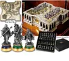 A collage of images showcasing a Lord of the Rings themed chess set, including the board, pieces, a map, and storage box. Podgląd zdjęcia produktu