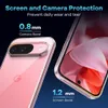 A close-up marketing image showing a clear phone case on a pink phone, highlighting screen and camera protection with text overlays. Produktbild-Vorschau