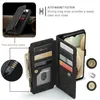 A wallet-style phone case is shown open, displaying its card slots and a phone inside. Text highlights features like a zipper and magnetic closure. Produktbild-Vorschau