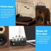 A collage of images showing a turntable, a speaker, a laptop, and a phono preamp with vacuum tubes, with text overlays describing features. Podgląd zdjęcia produktu