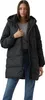 A woman wearing a black puffer jacket and blue jeans, posing against a white background. Produktbild-Vorschau