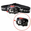 A close-up view of a black LED headlamp with a red button and a black strap, shown with a circular inset highlighting its adjustable angle. Náhled obrázku produktu