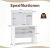 A diagram showing the dimensions of a white desk with an attached hutch and a weight capacity icon. Anteprima dell’immagine prodotto