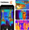 A collage of thermal images showing different applications of thermal imaging technology, including cars, appliances, and people, alongside a smartphone displaying a thermal camera interface. Anteprima dell’immagine prodotto