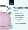 A pink kettle is shown next to a list of its features. Produktbild-Vorschau