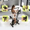 A woman is using a stationary exercise bike in a bright, modern room. The image is a collage of the main shot and four inset images highlighting different features of the bike. Produktbild-Vorschau