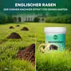 A split image showing a lawn with molehills on the left and a product container on the right, implying a before-and-after effect. Produktbild-Vorschau