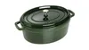 A green oval cast iron pot with a lid and handles, isolated on a white background. Náhled obrázku produktu