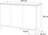 A line drawing of a white, three-door sideboard with angled legs, showing dimensions. Produktbild-Vorschau
