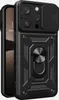 A black protective phone case with a camera cover and a ring holder is shown against a white background. Produktbild-Vorschau