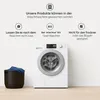 A washing machine and laundry basket are shown with text overlays describing washing instructions. Produktbild-Vorschau