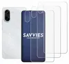 A white smartphone with a marble-like pattern on the back is shown next to a dark blue packaging with white outlines of screen protectors and the brand name "SAVVIES". Three transparent screen protectors are also visible. Produktbild-Vorschau