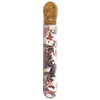 A clear, professional studio shot of a glass test tube filled with dried herbs and flower petals, sealed with a cork stopper. Produktbild-Vorschau