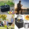 Collage of images showing a picnic basket, a person fishing, a family having a barbecue, and close-ups of the picnic basket with food and drinks. Produktbild-Vorschau