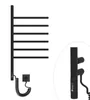 A black electric towel dryer with six foldable arms is shown against a white background. A close-up of the control panel and heating element is also visible. Podgląd zdjęcia produktu
