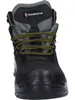 A close-up, front-facing view of a black work boot with yellow and black laces. Produktbild-Vorschau