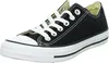 A black Converse All Star shoe with white laces and a white sole, shown from a side angle. Voir les images du produit