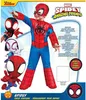 A child wearing a Spiderman costume is posing for a product image. The image also includes smaller cartoon illustrations of other Spiderman characters. Produktbild-Vorschau