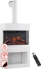 A white electric fireplace with a chimney and a remote control. Podgląd zdjęcia produktu