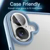 Close-up of a phone's camera lens protected by a blue case, with marketing text overlay. Produktbild-Vorschau