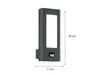 A dark gray outdoor LED wall light with a motion sensor is shown against a white background. Dimensions are indicated by lines and text. Produktbild-Vorschau