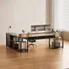 An L-shaped desk with dual monitors, a lamp, and storage shelves in a room with a window. Produktbild-Vorschau