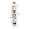 A tall, narrow white cabinet with doors and shelves, shown with dimensions indicated by text overlays. Produktbild-Vorschau